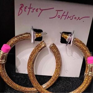 Betsey Johnson Gold and Pink pencil Hoop Earrings